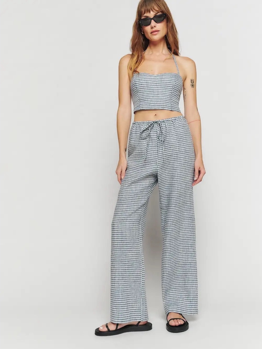 NWT Reformation Jaida Linen Crop Top & Wide Leg Pants Two Piece Set Slate Check